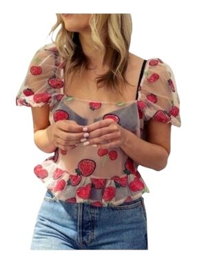 Topshop Sequin Strawberry Mesh Nylon Top – Size 2 – Party Ready!